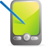 Stylized illustration of a handheld device with a stylus pen.