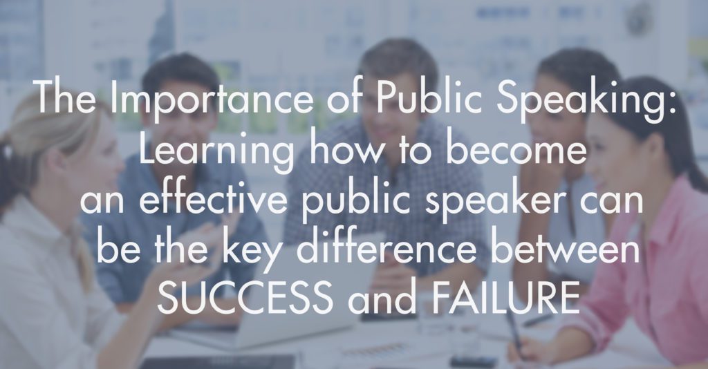 A man speaking at a podium about public speaking importance and success versus failure.