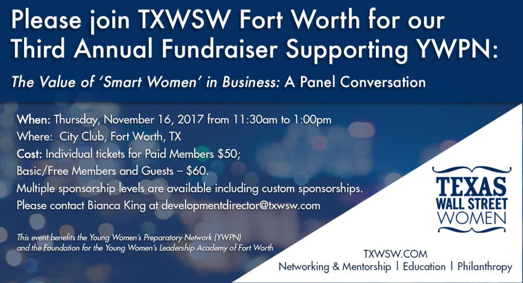 Event poster for a women-led business panel in Fort Worth, Texas.