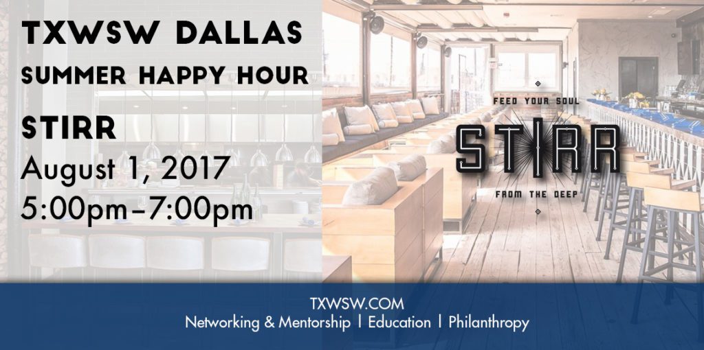Modern Dallas rooftop bar with sleek seating for happy hour event.
