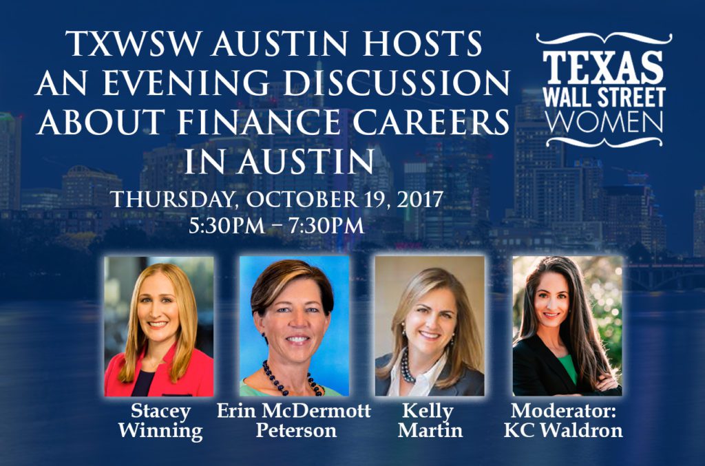 Event poster for Austin finance careers night hosted by Texas Wesleyan University on October 19, 2017.