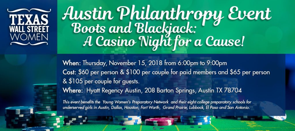 Event flyer for Austin Philanthropy's casino night at the Hyatt Regency.