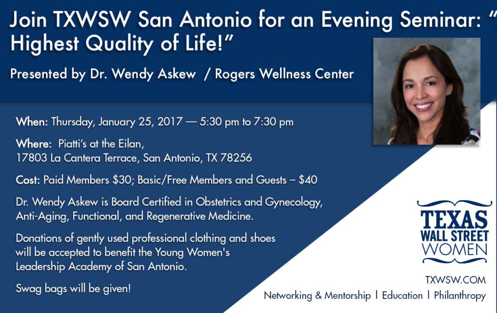 Flyer for an evening seminar on sleep quality with Dr. Wendy Askey in San Antonio.