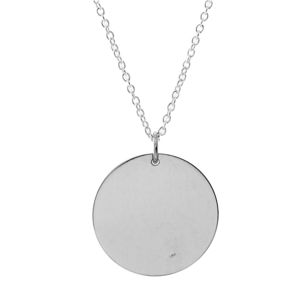 Simple round silver pendant necklace on a chain.