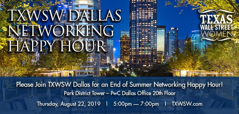 Dallas city skyline at dusk with event details overlay.