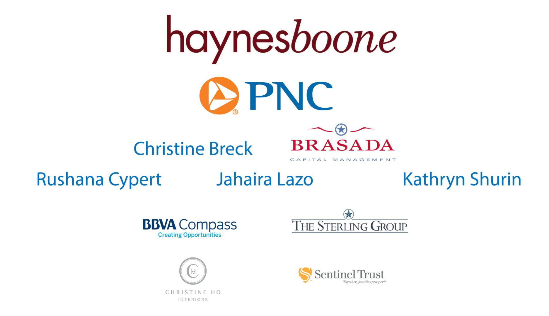 Logos and names of various sponsors and partners including Haynes Boone, PNC, Brasada, and others.