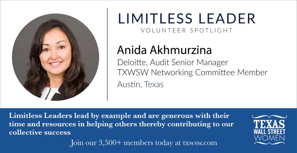 Professional LinkedIn banner for Anida Akhmurzina, Senior Manager at Deloitte, TXWSW Networking Committee member in Austin, Texas.