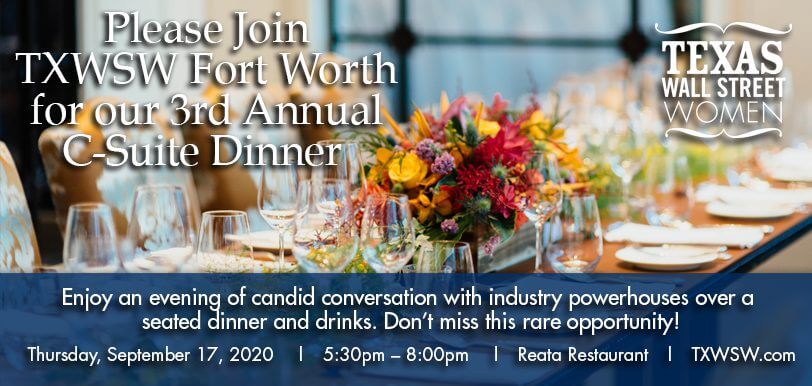 Promotional banner for Fort Worth Food and Annual Dinner with colorful floral centerpiece.