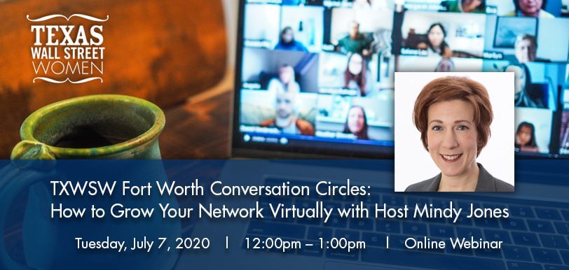 Virtual networking event flyer with a blue theme.