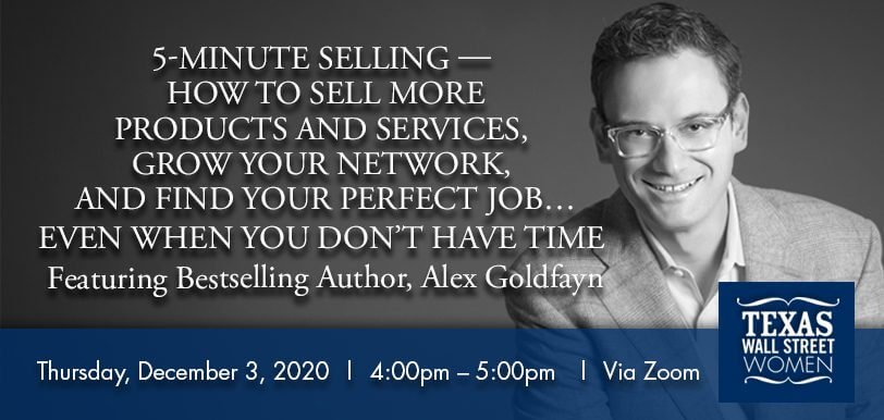 Promotional banner for a sales webinar by Alex Goldfayn on selling more products and services.