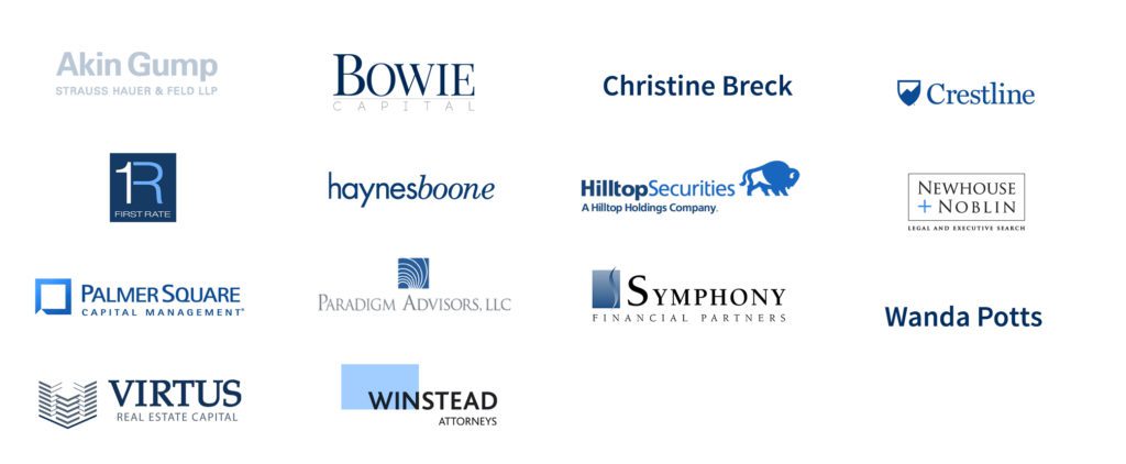 Logos of various financial and legal firms arranged in a grid.