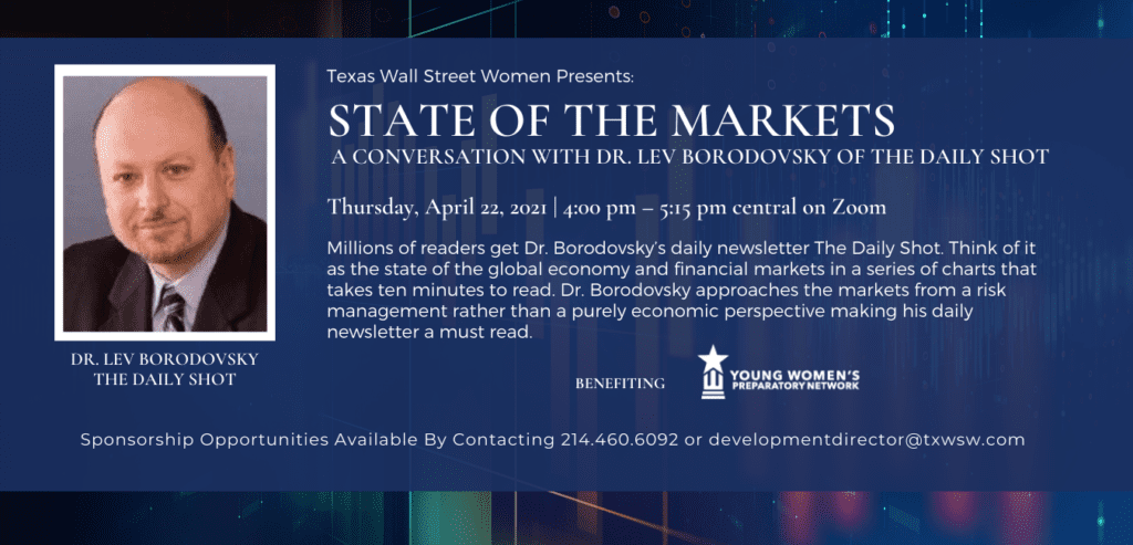Promotional flyer for Women Wall Street's 'State of the Market' event featuring Dr. Borodovskyi.