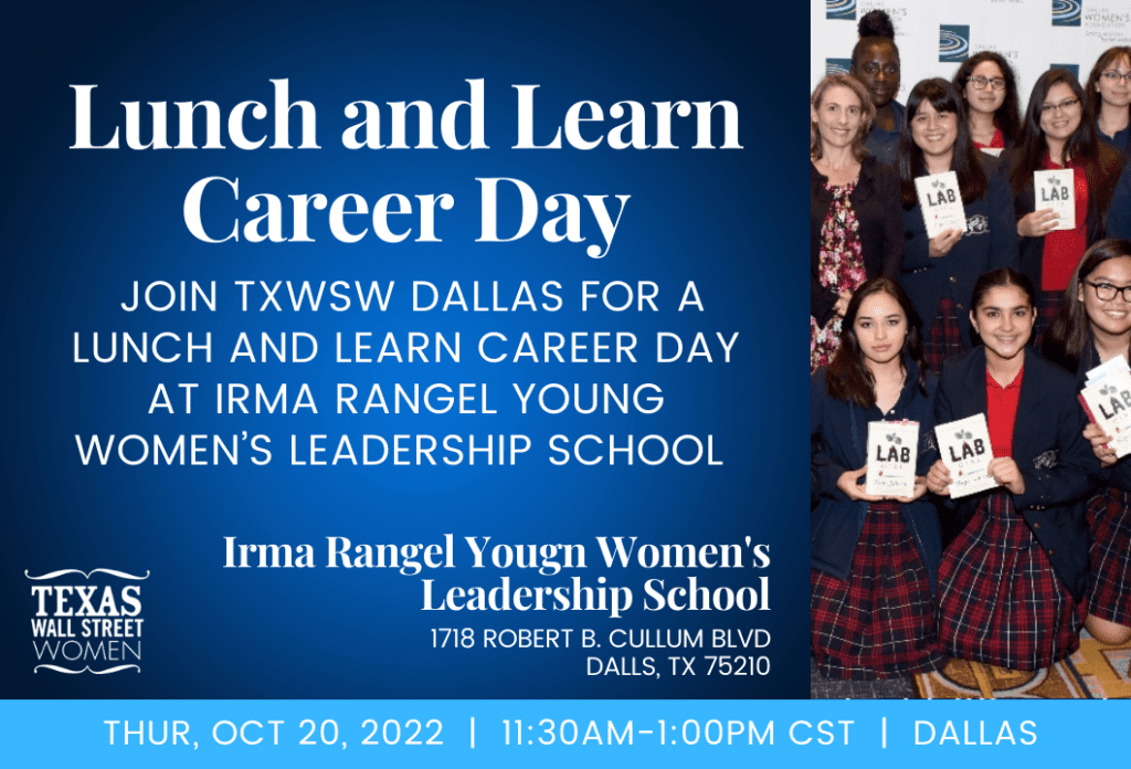Flyer for Lunch and Learn Career Day at TXSW Dallas for young women's leadership.