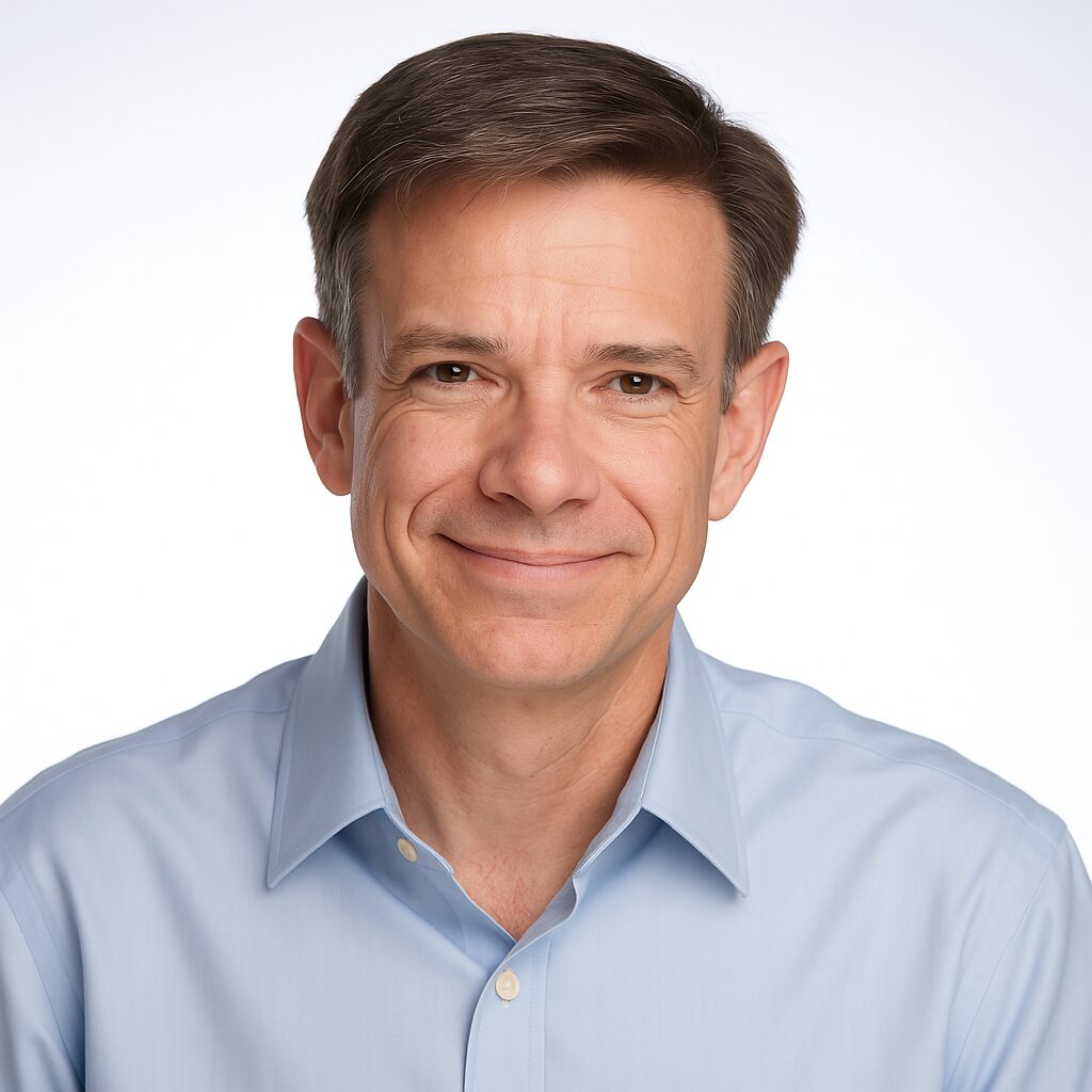 Smiling middle-aged man in a light blue shirt with a white background.