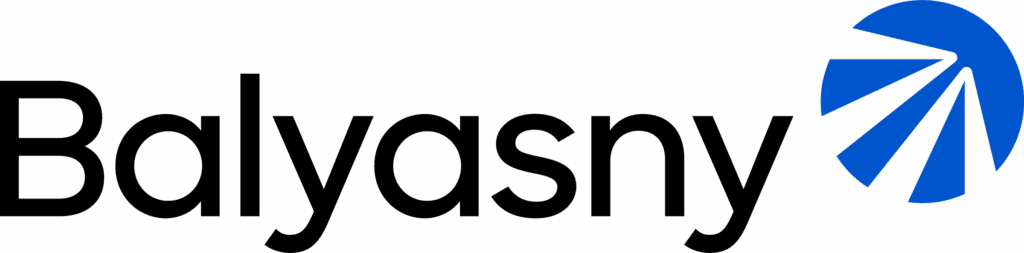 Blue and black logo with curved design.